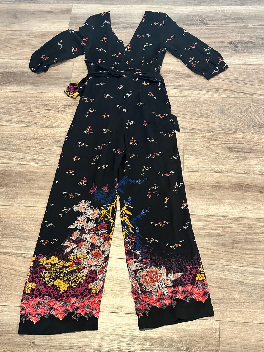 Anthropologie Feather Bone Nara Wide Leg Black Floral Wrap Jumpsuit - Picture 11 of 14